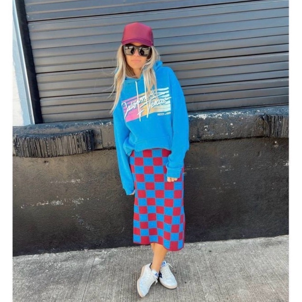 Vibrant Red and Blue Checkered Midi Skirt